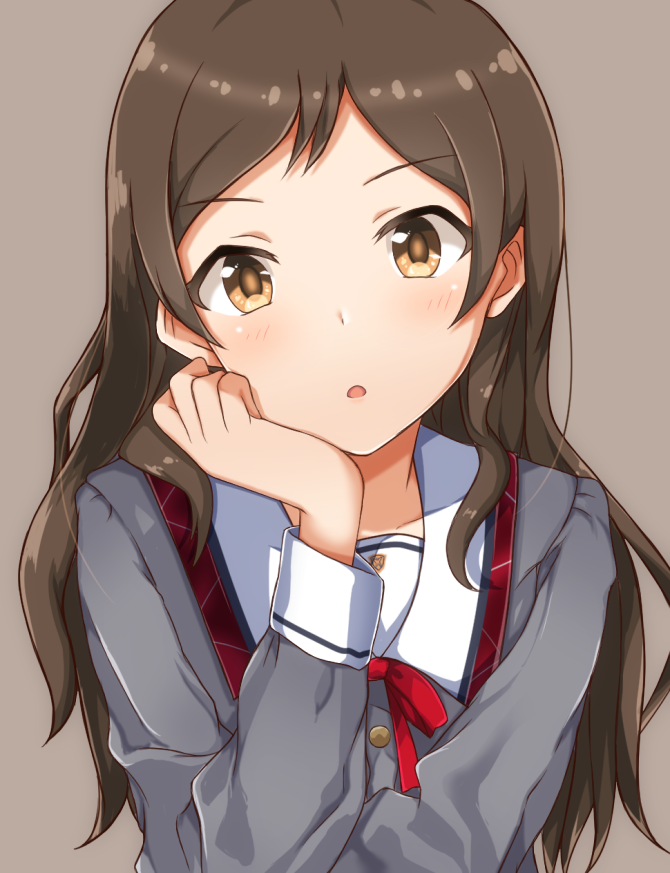black_hair blush brown_background buttons collar collarbone commentary_request dot_nose grey_serafuku grey_shirt hair_over_shoulder head_rest idolmaster idolmaster_million_live! idolmaster_million_live!_theater_days junior_high_schoolmate_(idolmaster) kitazawa_shiho long_hair long_sleeves looking_at_viewer naruse_nagi neck_ribbon official_alternate_costume parted_bangs parted_lips plaid_collar red_ribbon ribbon school_uniform serafuku shirt sidelocks simple_background straight_hair upper_body wavy_hair white_collar yellow_eyes