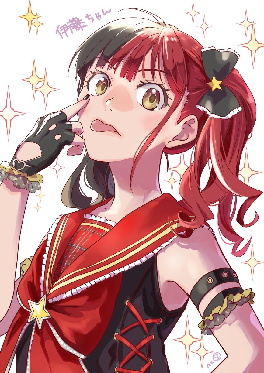 1girl arm_strap artist_name black_bow black_gloves black_hair black_nails black_shirt bow commentary_request cosplay eyelid_pull fingerless_gloves gloves hair_bow heco_(rina) highres itou_maki_(wrestler) itou_maki_(wrestler)_(cosplay) looking_at_viewer love_live! love_live!_school_idol_project medium_hair middle_finger multicolored_hair name_connection nishikino_maki plaid red_bow redhead shirt sidelocks simple_background skirt solo sparkle star_(symbol) tokyo_joshi_pro_wrestling tongue tongue_out translation_request twintails two-tone_hair upper_body white_background yellow_eyes