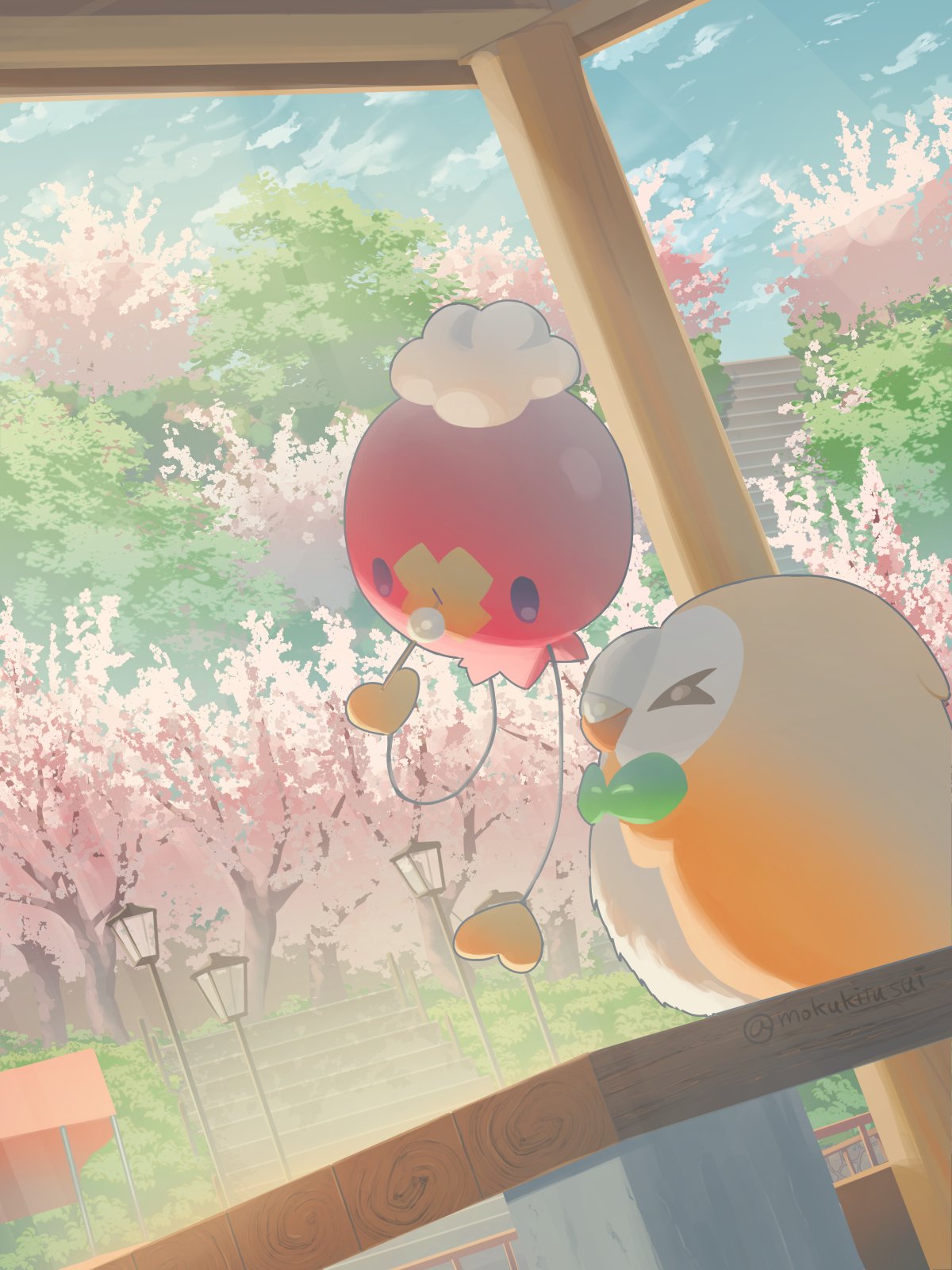 &gt;_&lt; closed_eyes clouds commentary_request day drifloon highres holding lamppost mokukitusui no_humans outdoors pokemon pokemon_(creature) rowlet sky stairs tree twitter_username