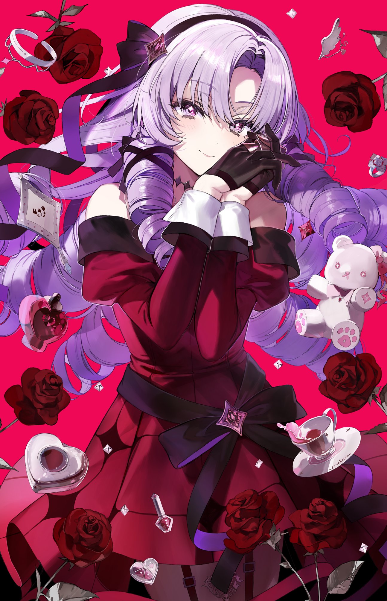 1girl bare_shoulders black_bow black_gloves bow closed_mouth cup dress dress_bow drill_hair flower food garter_straps gloves hair_ornament hands_up highres hyakumantenbara_salome long_hair long_sleeves looking_at_viewer nijisanji own_hands_together purple_hair red_dress red_flower red_rose rose smile solo standing stuffed_toy teacup violet_eyes virtual_youtuber wata_(attaka_towel)