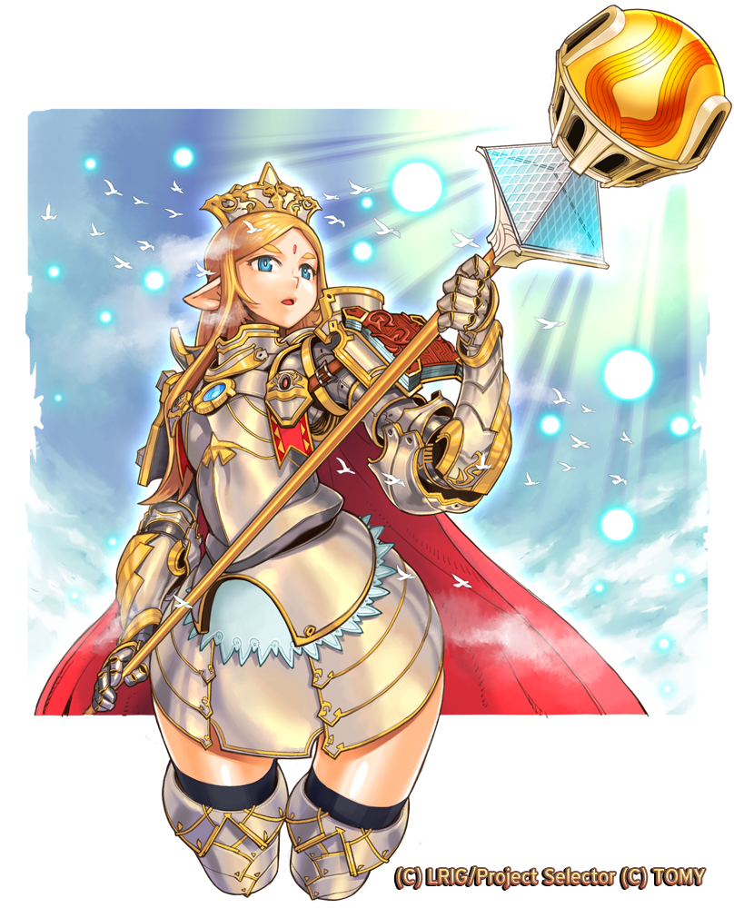 1girl armor armored_gloves bird blonde_hair blue_eyes border breastplate character_request company_name copyright_name cropped_legs crown facial_mark forehead_mark holding holding_staff light_frown long_hair looking_at_viewer masn_(moxi) open_mouth outside_border pointy_ears shoulder_pads solo staff sunlight thick_eyebrows thighs white_bird white_border wixoss