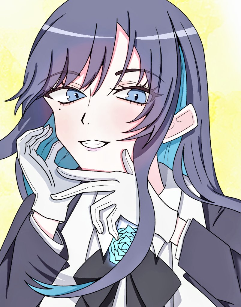 1girl ado_(utaite) black_bow black_bowtie black_coat black_hair blue_eyes blue_flower blue_hair blue_rose bow bowtie chando_(ado) clenched_teeth cloud_nine_inc coat collared_shirt colored_inner_hair commentary flower flower_brooch gloves long_hair long_sleeves looking_at_viewer mole mole_under_eye multicolored_hair open_clothes open_coat rose shirt sidelocks smile solo teeth two-tone_hair upper_body utaite white_gloves white_shirt yellow_background yki_(yki_1030)