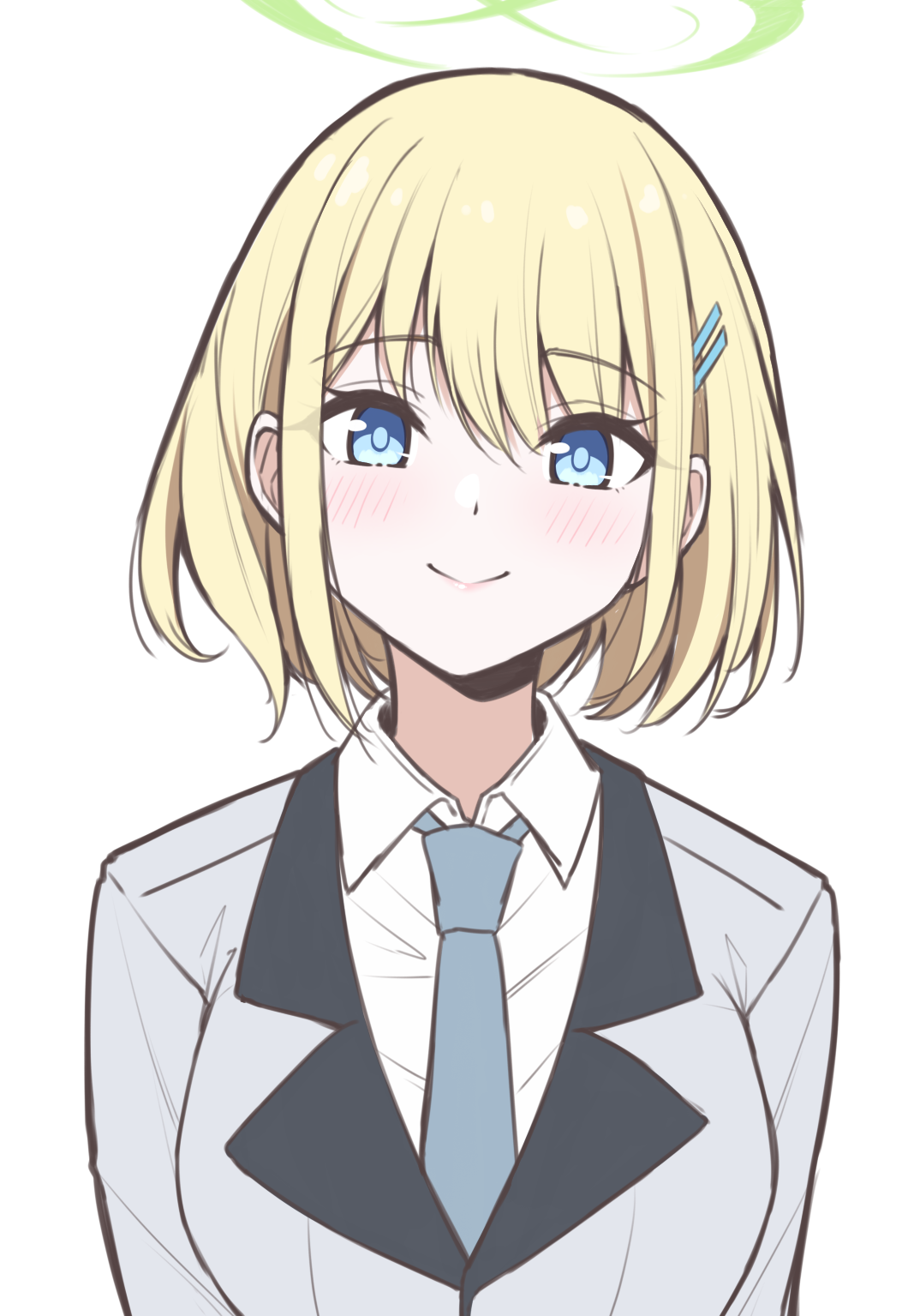 1girl blazer blonde_hair blue_necktie blush closed_mouth commentary green_halo grey_jacket hair_ornament hairclip halo highres jacket long_sleeves looking_at_viewer necktie original reia_76 short_hair simple_background smile solo white_background