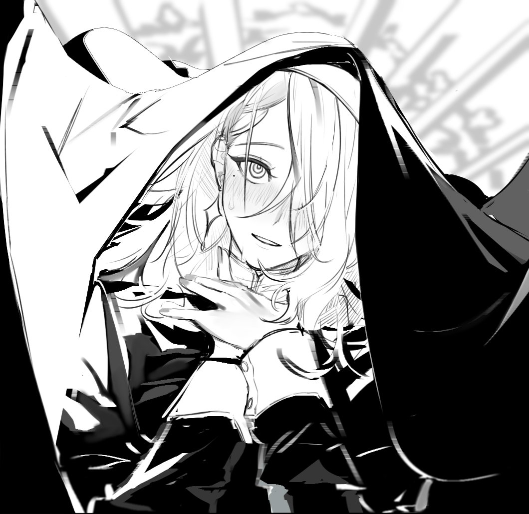 black_shirt blush braid braided_bangs ceres_fauna eus_ing floating_clothes greyscale habit hair_over_one_eye hand_on_own_chest head_tilt hololive hololive_english long_sleeves looking_at_viewer monochrome nun shirt smile sweat virtual_youtuber