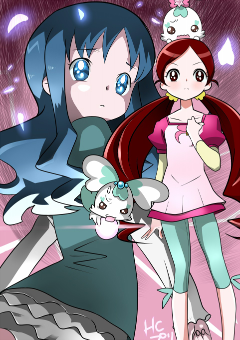2girls aqua_pants aqua_ribbon blue_dress blue_eyes blue_hair blue_sleeves chypre_(heartcatch_precure!) clenched_hand closed_mouth coffret_(heartcatch_precure!) collarbone commentary_request cowboy_shot creature_on_head dress eyelashes feet_out_of_frame frilled_dress frills from_behind furrowed_brow gan_balance hair_ornament hair_scrunchie hanasaki_tsubomi hand_on_own_chest heartcatch_precure! holding_orb kurumi_erika layered_sleeves light_blush light_frown long_hair long_sleeves looking_at_viewer looking_back low_twintails multiple_girls pants parted_lips petals pink_background pink_shirt pink_sleeves precure puffy_short_sleeves puffy_sleeves red_eyes redhead ribbon ribbon_legwear scrunchie shirt short_dress short_over_long_sleeves short_sleeves signature simple_background square_neckline straight-on twintails v-shaped_eyebrows very_long_hair wavy_hair white_sleeves yellow_scrunchie yellow_sleeves
