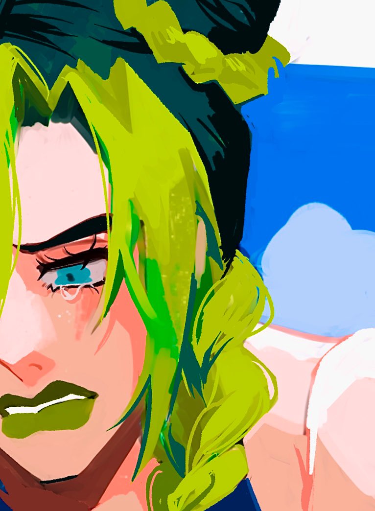 1girl blue_eyes close-up commentary_request crying green_hair green_lips hair_bun jojo_no_kimyou_na_bouken kujo_jolyne looking_to_the_side multicolored_hair natchan_blue_(nanairopenki) sidelocks sky solo tears two-tone_hair