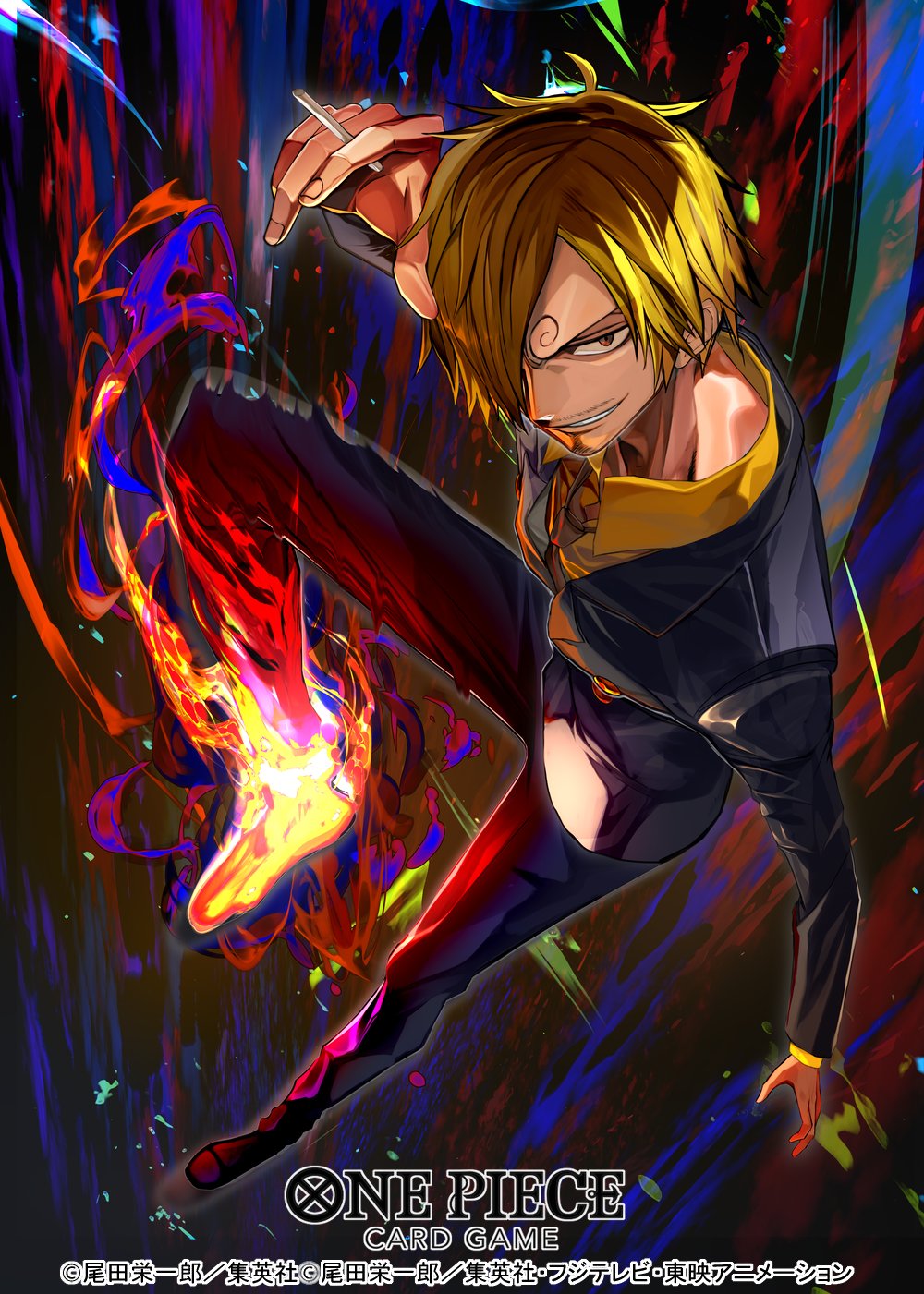 1boy blonde_hair cigarette commentary_request copyright_name curly_eyebrows facial_hair fire full_body goatee hair_over_one_eye highres holding holding_cigarette incoming_attack looking_at_viewer male_focus official_art one_piece ryudaman sanji_(one_piece) shirt short_hair solo suit yellow_shirt