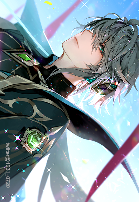 1boy alhaitham_(genshin_impact) artist_name black_shirt blue_sky blurry blurry_background cable cape chest_jewel closed_mouth commentary_request day gem genshin_impact gold_trim green_cape green_eyes green_gemstone grey_hair hair_between_eyes headphones korean_commentary looking_at_viewer male_focus mixed-language_commentary np_(1231_0720) outdoors parted_bangs serious shirt short_hair sideways sky solo sparkle streamers sunlight swept_bangs twitter_username upper_body v-shaped_eyebrows vision_(genshin_impact) web_address