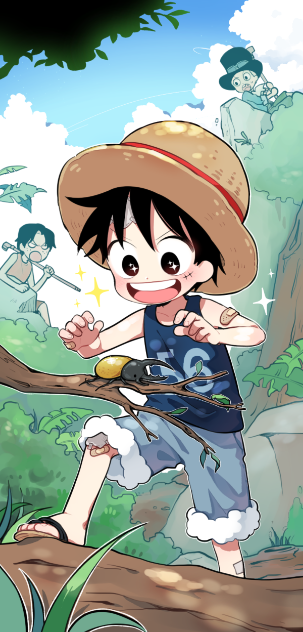 3boys aged_down bandaid bandaid_on_arm black_hair blue_sky blush brothers child commentary excited forest freckles full_body grabbing hat highres log looking_down missing_tooth mob0322 monkey_d._luffy multiple_boys nature one_piece portgas_d._ace rhinoceros_beetle sabo_(one_piece) sandals scar scar_on_cheek scar_on_face short_hair short_sleeves shorts siblings sky smile sparkling_eyes standing straw_hat teeth top_hat tree upper_teeth_only