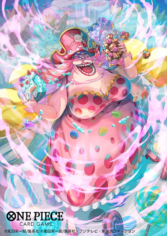 1girl bisaiiiii cake candy candy_cane cape charlotte_linlin commentary_request copyright_name dress food from_above hat head_scarf high_heels jewelry long_dress looking_to_the_side macaron official_art one_piece one_piece_card_game open_mouth pink_dress pink_hair red_lips ring smoke solo yellow_cape
