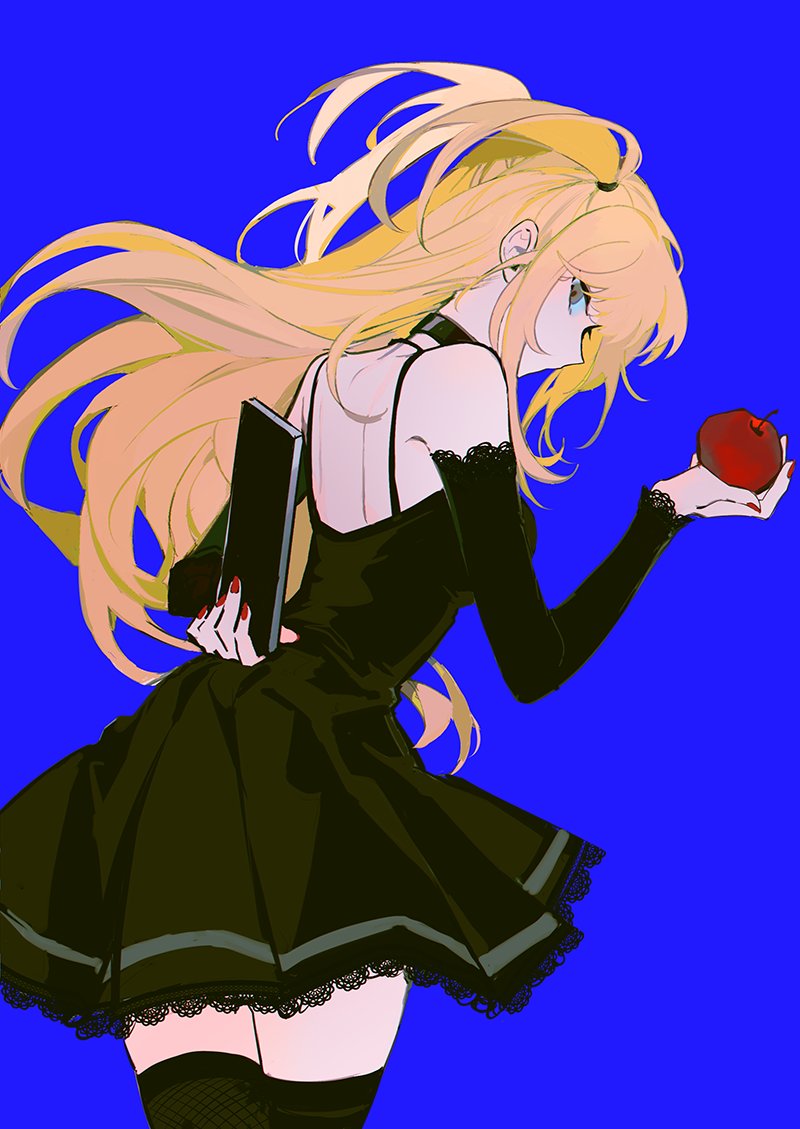 1girl amane_misa apple black_choker black_dress black_thighhighs blonde_hair blue_background choker death_note death_note_(object) detached_sleeves dress food from_behind fruit grey_eyes holding holding_food holding_fruit lace-trimmed_dress lace_trim long_hair looking_at_viewer looking_back red_nails simple_background solo thigh-highs ttk211 two_side_up zettai_ryouiki