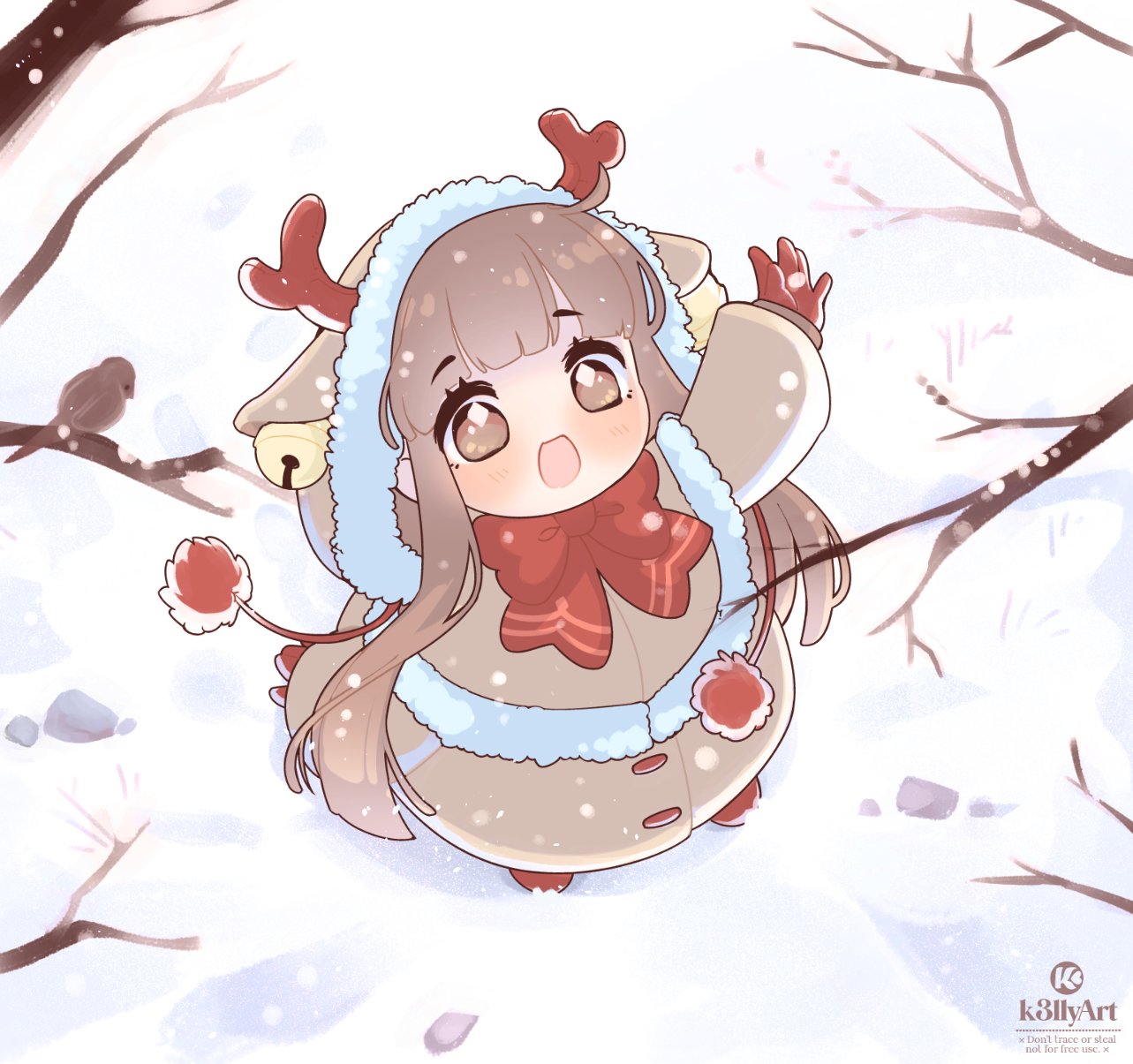 1girl angelica_(k3lly) animal_ears antlers artist_name bell blunt_bangs bow bowtie brown_coat brown_eyes brown_hair buttons chibi christmas coat deer_ears english_commentary fake_animal_ears fur-trimmed_coat fur-trimmed_hood fur_trim highres hood horns jingle_bell k3lly light_blush long_hair open_mouth original red_bow red_bowtie red_footwear reindeer_antlers snow snowing solo standing tree watermark