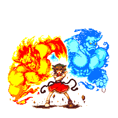 1girl 2boys brown_hair cat_tail chen commentary_request full_body kenpfar long_sleeves lowres multiple_boys multiple_tails muscular muscular_male oni pixel_art short_hair simple_background standing tail touhou two_tails white_background