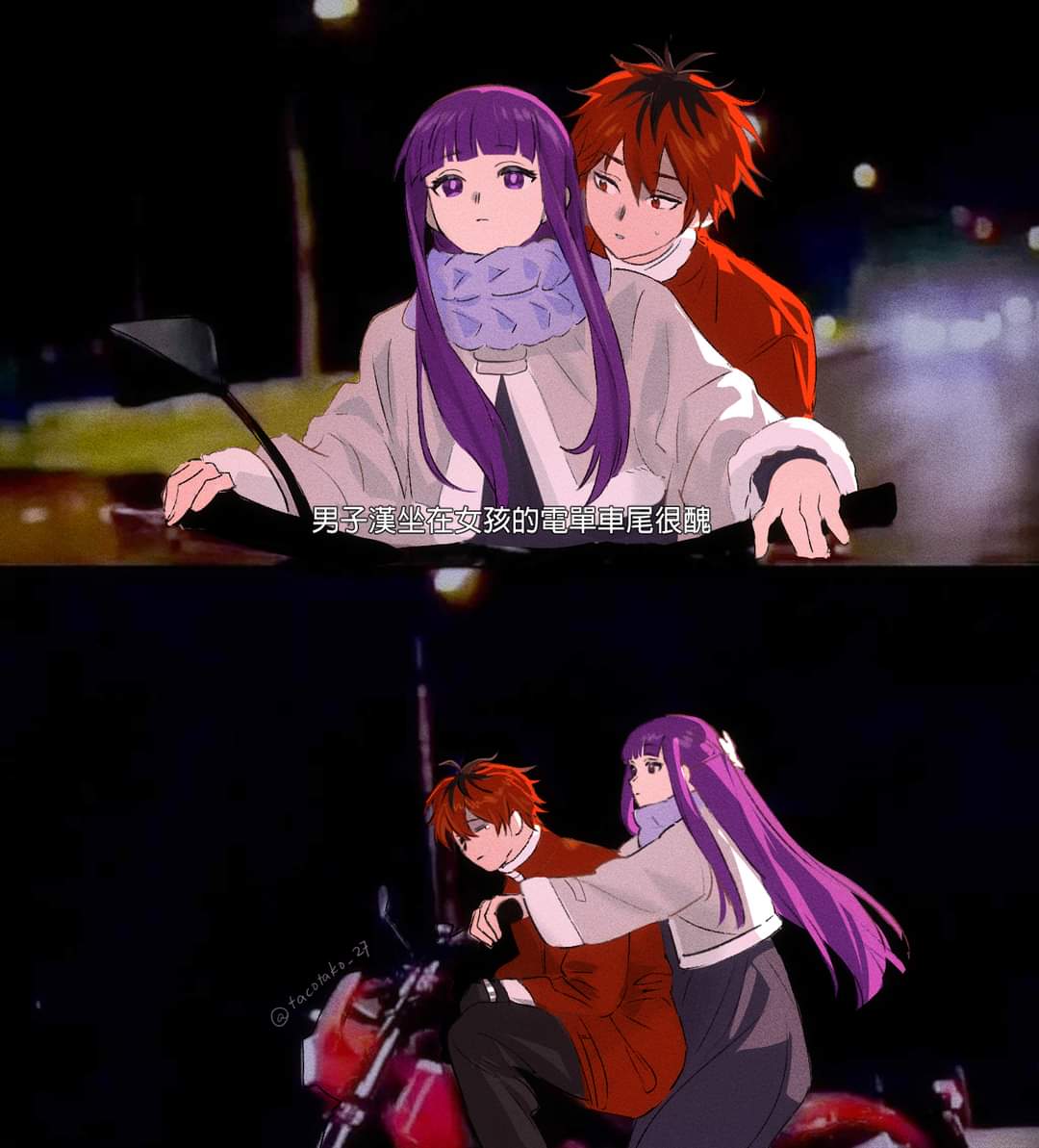 1boy 1girl artist_name black_dress black_gloves black_pants chinese_text commentary dress english_commentary expressionless fern_(sousou_no_frieren) film_grain gloves grimpo_027 jacket long_hair motor_vehicle motorcycle outdoors pants parody purple_hair purple_scarf red_jacket redhead road scarf scene_reference short_hair sousou_no_frieren stark_(sousou_no_frieren) translation_request twitter_username