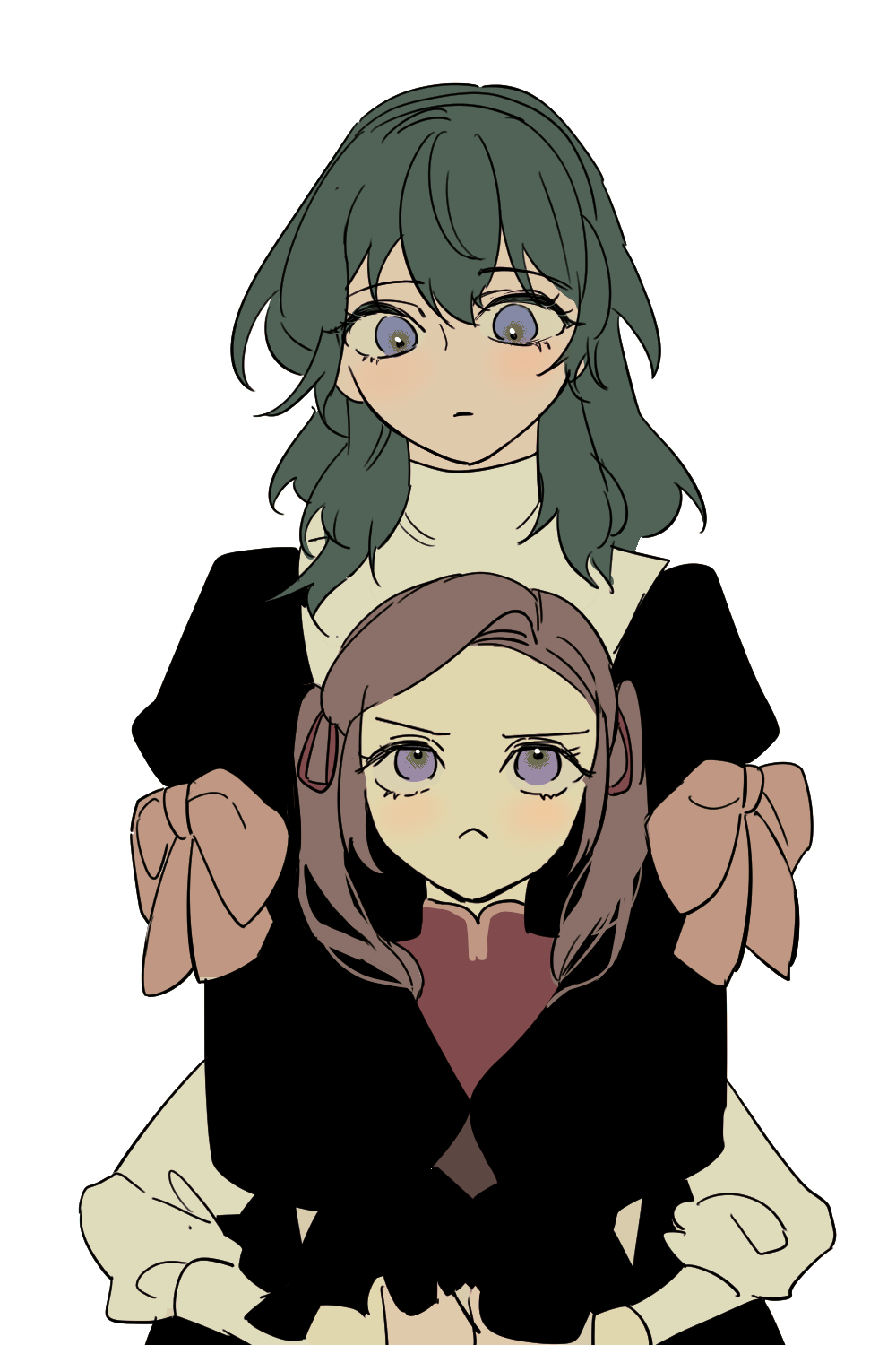 2girls b_(wldms6650) black_dress blue_hair bow brown_hair byleth_(female)_(fire_emblem) byleth_(fire_emblem) character_request child commentary_request dress fire_emblem fire_emblem:_three_houses hair_ribbon highres hug hug_from_behind long_hair long_sleeves multiple_girls parted_lips pink_bow purple_ribbon ribbon simple_background twintails violet_eyes white_background