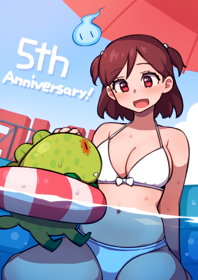 1girl :d anniversary aoba_misaki bare_shoulders bikini blue_sky blush breasts brown_hair chupacabra clouds cloudy_sky dot_nose eyelashes full_body hair_between_eyes hair_ornament idolmaster idolmaster_million_live! idolmaster_million_live!_theater_days innertube kwaejina large_breasts looking_at_another looking_down navel open_mouth parted_bangs partially_submerged pool red_eyes ribbon-trimmed_swimsuit ribbon_trim short_hair sitting sky smile swim_ring swimsuit two_side_up wariza water water_drop white_bikini