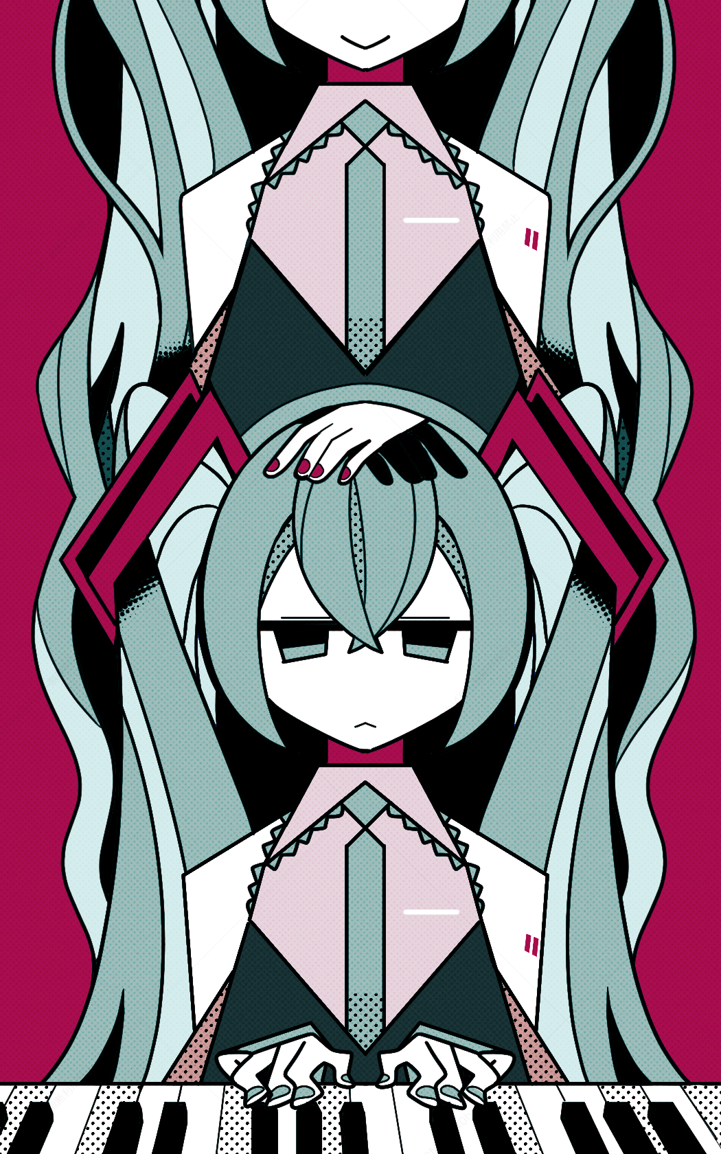 2girls aqua_eyes aqua_hair aqua_necktie bare_shoulders check_commentary closed_mouth colored_skin commentary commentary_request detached_sleeves dual_persona hair_between_eyes hair_ornament halftone hand_on_another's_head hatsune_miku highres instrument long_hair looking_at_viewer machigami_yoh multiple_girls music nail_polish necktie piano playing_instrument playing_piano red_background red_nails shirt sleeveless sleeveless_shirt standing straight-on twintails very_long_hair vocaloid white_skin