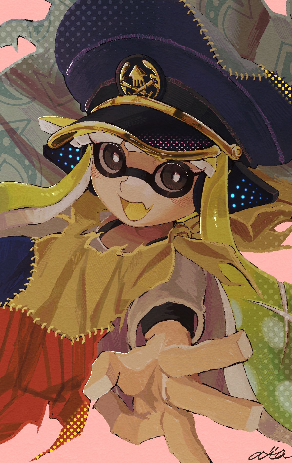 1girl :d agent_3_(splatoon) black_eyes black_headphones blonde_hair blue_hat blush bright_pupils cape cloak colored_tongue commentary_request fang gradient_hair green_hair halftone hat headphones highres inkling layered_shirt long_hair military_hat multicolored_cape multicolored_cloak multicolored_clothes multicolored_hair open_mouth outstretched_arm peaked_cap pink_background qzcewaxd shirt signature skin_fang smile solo splatoon_(series) splatoon_3 strap tentacle_hair torn_cloak torn_clothes twintails two-tone_hair upper_body w white_pupils white_shirt yellow_tongue