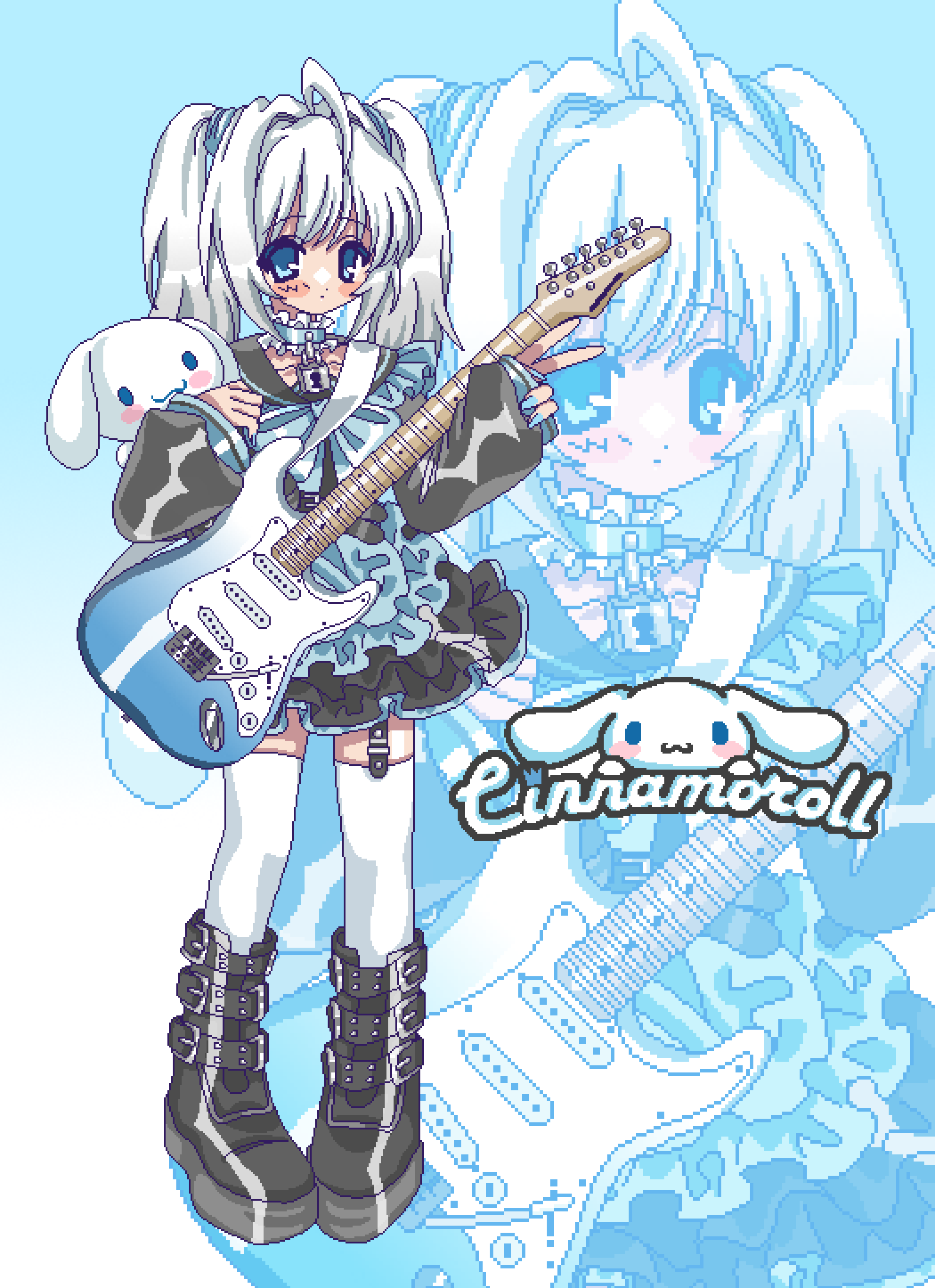 1boy 1girl ahoge amnyuixx black_dress black_footwear black_sleeves blue_dress blue_eyes blue_nails blush boots character_name cinnamoroll closed_mouth creature_and_personification dress dual_persona full_body genderswap genderswap_(mtf) guitar highres holding holding_instrument instrument multicolored_clothes multicolored_dress personification sanrio thigh-highs twintails v white_hair white_thighhighs