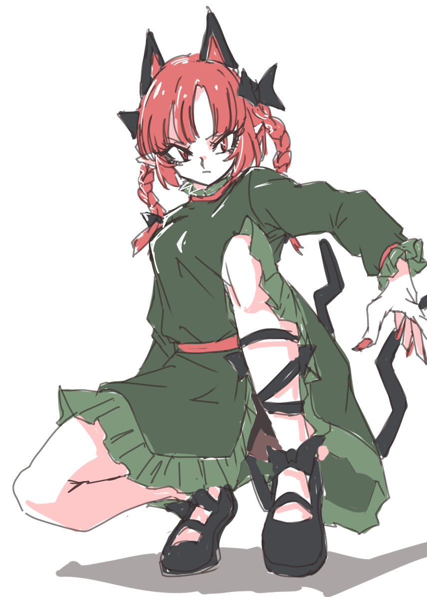 1girl animal_ears black_bow black_footwear bow braid cat_ears cat_tail closed_mouth dress extra_ears fingernails full_body green_dress hair_bow isagi kaenbyou_rin long_sleeves looking_at_viewer multiple_tails nail_polish nekomata pointy_ears red_eyes red_nails redhead ribbon shoes simple_background sketch solo squatting tail touhou twin_braids two_tails white_background