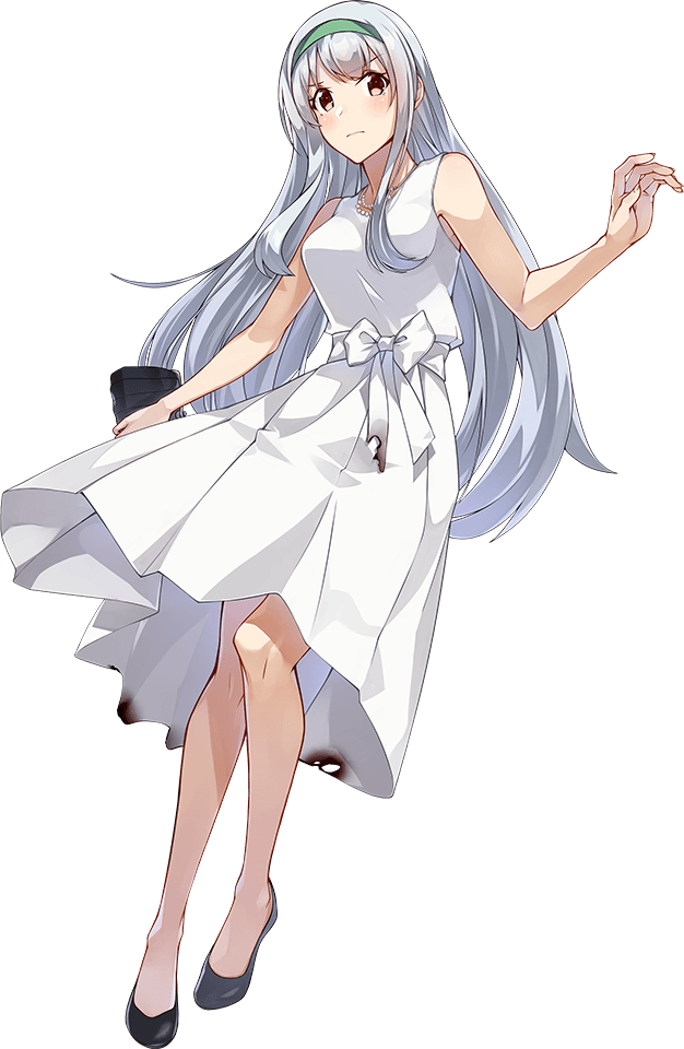 1girl bag breasts brown_eyes dress full_body green_hairband hairband handbag jewelry kantai_collection konishi_(koconatu) large_breasts long_hair necklace official_alternate_costume official_art ribbon shoukaku_(kancolle) torn_clothes transparent_background white_dress white_hair