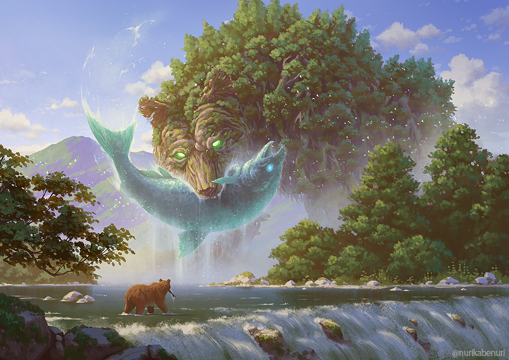 animal bear blue_sky clouds commentary_request day fish fish_in_mouth giant giant_monster glowing glowing_eyes green_eyes landscape monster mountain mouth_hold nature no_humans nurikabe_(mictlan-tecuhtli) original outdoors plant river rock simple_bird size_difference sky tree twitter_username water waterfall