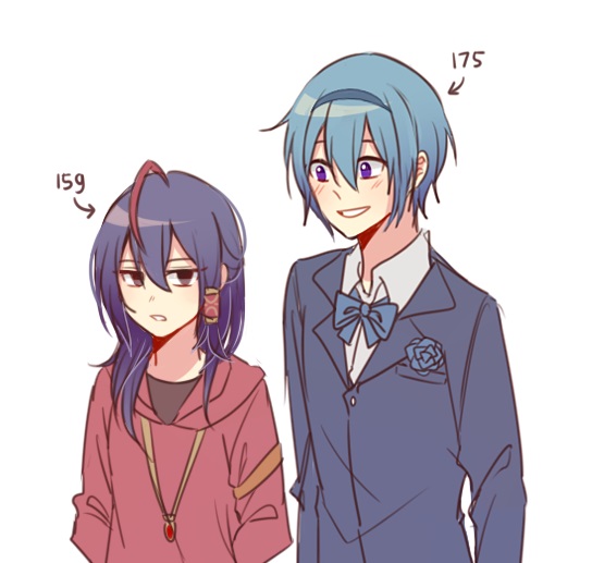 1boy 1girl biyo black_eyes black_hair blue_bow blue_bowtie blue_eyes blue_flower blue_hair blue_hairband blue_suit bow bowtie collared_shirt flower genderswap genderswap_(ftm) genderswap_(mtf) hairband height height_difference hood hood_down hoodie jewelry looking_at_another multicolored_hair necklace red_hoodie redhead shirt short_hair simple_background single_hair_tube smile suit tall_male white_background white_shirt wilardo_adler witch's_heart