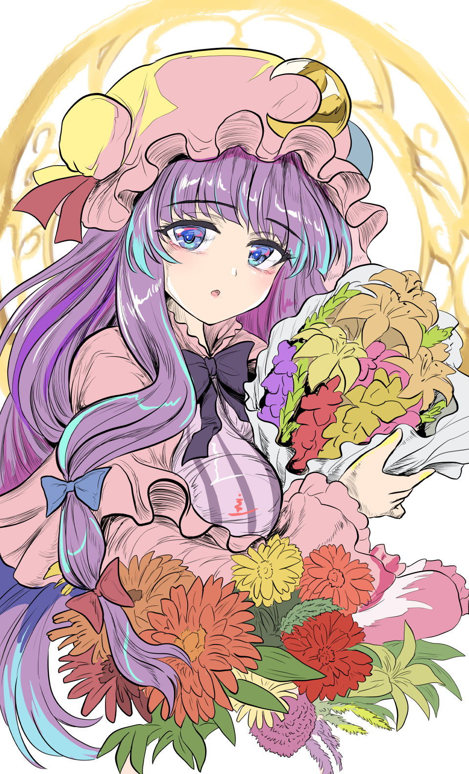 1girl blue_bow blue_ribbon bouquet bow breasts capelet crescent crescent_hat_ornament crescent_pin dress flower hair_bow hat hat_ornament hat_ribbon highres holding holding_bouquet large_breasts long_hair looking_at_viewer mob_cap namiki_(remiter00) open_mouth patchouli_knowledge pink_capelet pink_robe purple_hair red_bow red_ribbon ribbon robe solo striped_clothes striped_dress touhou upper_body vertical-striped_clothes vertical-striped_dress violet_eyes