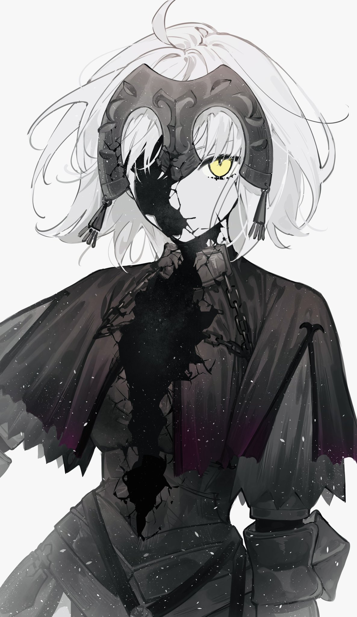 1girl capelet chain closed_mouth commentary_request cracked_skin fate/grand_order fate_(series) headpiece highres hollow_body jeanne_d'arc_alter_(avenger)_(fate) jeanne_d'arc_alter_(fate) light_particles limited_palette long_sleeves looking_at_viewer nipi27 plackart short_hair simple_background solo spoilers upper_body white_background white_hair yellow_eyes