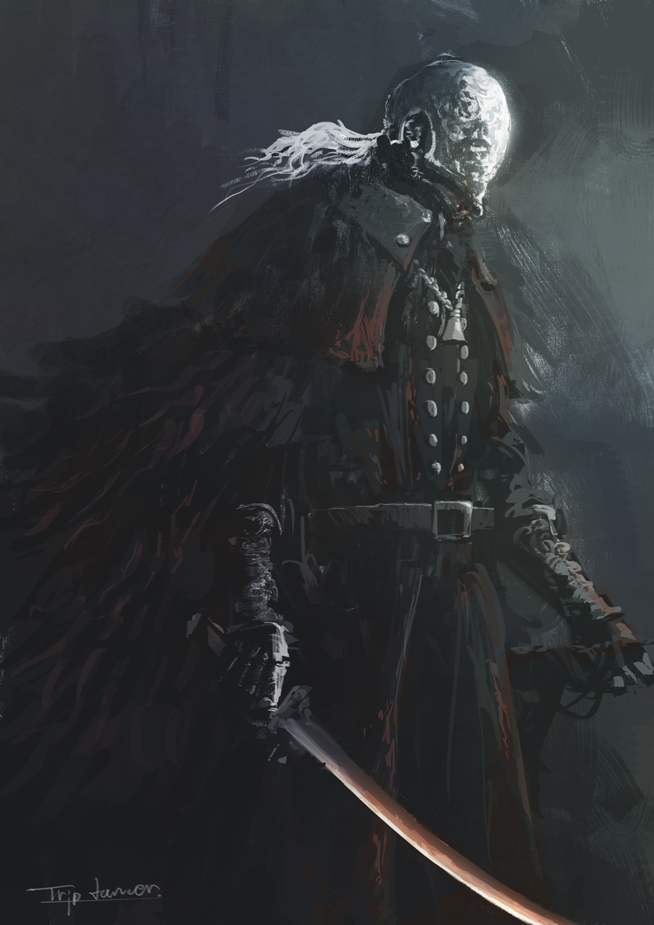 1boy artist_name belt black_belt black_capelet black_cloak blood blood_on_clothes blood_on_weapon bloodborne bloody_crow_of_cainhurst buttons capelet cloak commentary cowboy_shot double-breasted english_commentary from_side gauntlets grey_background helmet highres holding holding_sword holding_weapon jewelry long_hair long_sleeves male_focus necklace solo sword tripdancer unsheathed weapon white_hair