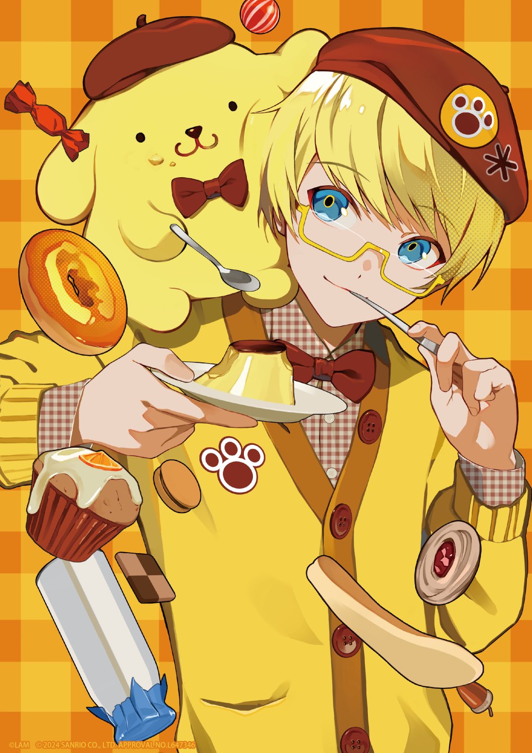 1boy beret blonde_hair blue_eyes bottle bow bowtie brown_background brown_hat candy_wrapper closed_mouth collared_shirt cupcake dog doughnut dress_shirt food food_on_face glasses hat highres holding holding_plate holding_spoon jacket lam_(ramdayo) male_focus milk_bottle original plaid plaid_background plaid_shirt plate pompompurin pudding red_bow red_bowtie sanrio semi-rimless_eyewear shirt smile spoon under-rim_eyewear unmoving_pattern upper_body utensil_in_mouth yellow-framed_eyewear yellow_jacket