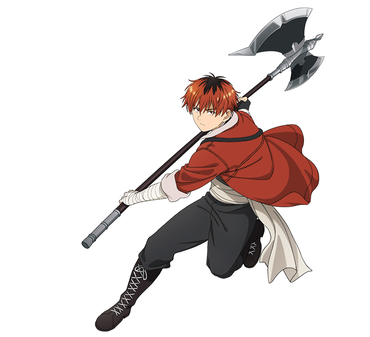 1boy axe bandaged_arm bandages battle_axe black_footwear black_gloves black_pants boots fingerless_gloves full_body gloves holding holding_axe holding_weapon jacket looking_at_viewer male_focus official_art pants red_jacket redhead short_hair single_glove solo sousou_no_frieren stark_(sousou_no_frieren) transparent_background v-shaped_eyebrows weapon