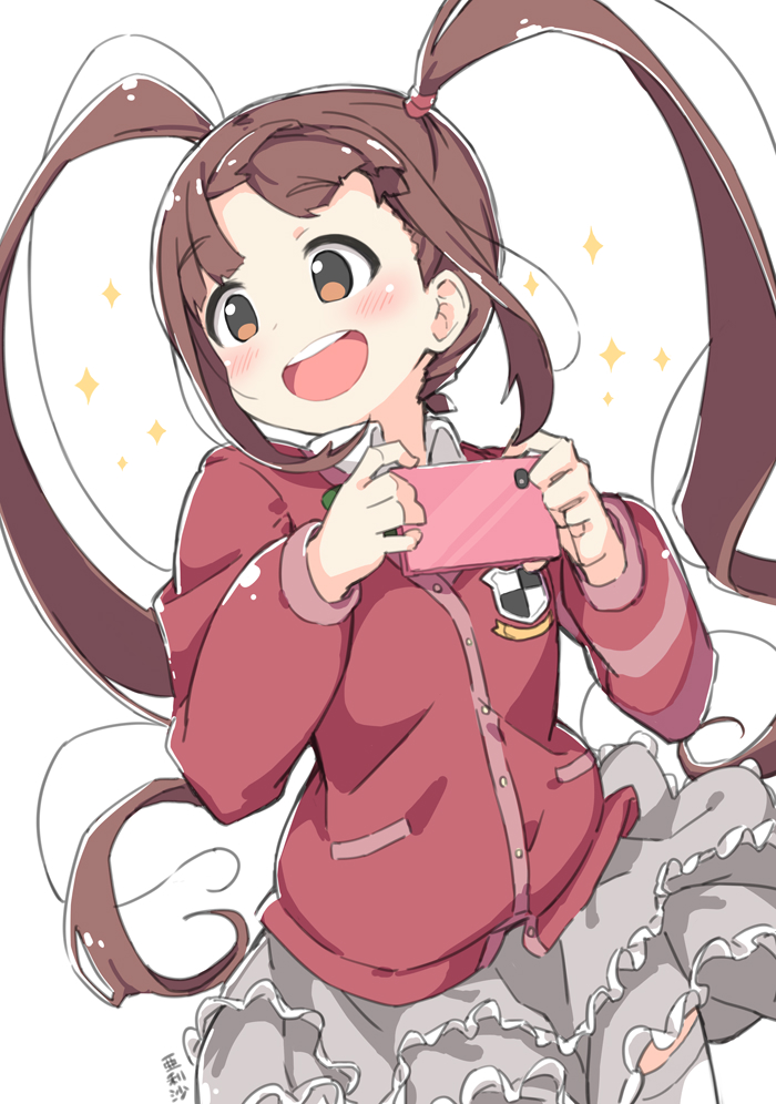 1girl :d blunt_bangs blush breasts brown_eyes brown_hair cellphone character_name collar collared_shirt cowboy_shot dot_nose forehead frilled_skirt frills grey_skirt hair_tie holding holding_phone idolmaster idolmaster_million_live! idolmaster_million_live!_theater_days kuresuku_(lessons) layered_skirt long_hair long_sleeves looking_to_the_side matsuda_arisa open_mouth phone red_shirt shirt sidelocks simple_background skirt small_breasts smartphone smile solo sparkle teeth thigh-highs twintails upper_teeth_only very_long_hair white_background white_collar white_thighhighs zettai_ryouiki