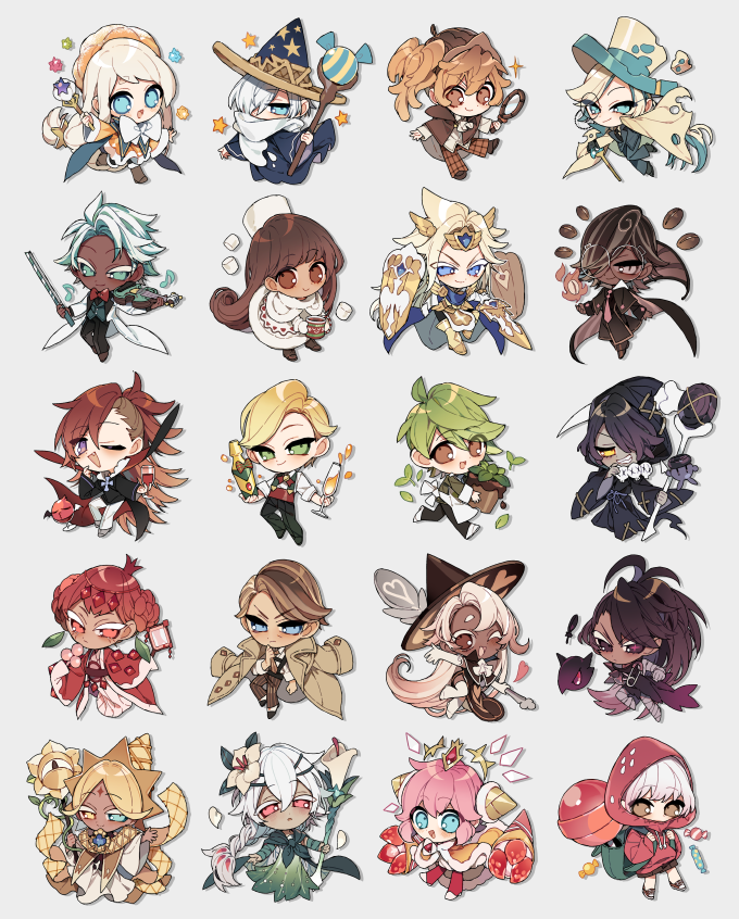 6+boys 6+girls ahoge almond_cookie bird black_raisin_cookie braid brown_eyes brown_hair candy capelet cheese chibi closed_mouth cocoa_cookie coffee_beans cookie_run cream_puff_cookie crow cup dark-skinned_female dark-skinned_male dark_skin dress espresso_cookie food food-themed_hat full_body fur_hat green_eyes green_hair hair_ornament hat herb_cookie heterochromia high_ponytail holding holding_cup holding_magnifying_glass holding_scythe holding_staff holding_wand humanization instrument latte_cookie leaf_hair_ornament licorice_cookie lollipop long_hair long_sleeves looking_at_viewer madeleine_cookie magnifying_glass marshmallow mint_choco_cookie multicolored_hair multiple_boys multiple_girls papakha pink_hair plant_hair pomegranate_cookie pure_vanilla_cookie red_eyes redhead roguefort_cookie sapphire_(nine) scarf scythe side_ponytail simple_background smile sparkling_cookie spoon staff strawberry_cookie strawberry_crepe_cookie streaked_hair top_hat vampire_cookie very_long_hair violin walnut_cookie wand white_background white_capelet white_dress white_hair white_hat white_lily_cookie white_scarf wizard_cookie
