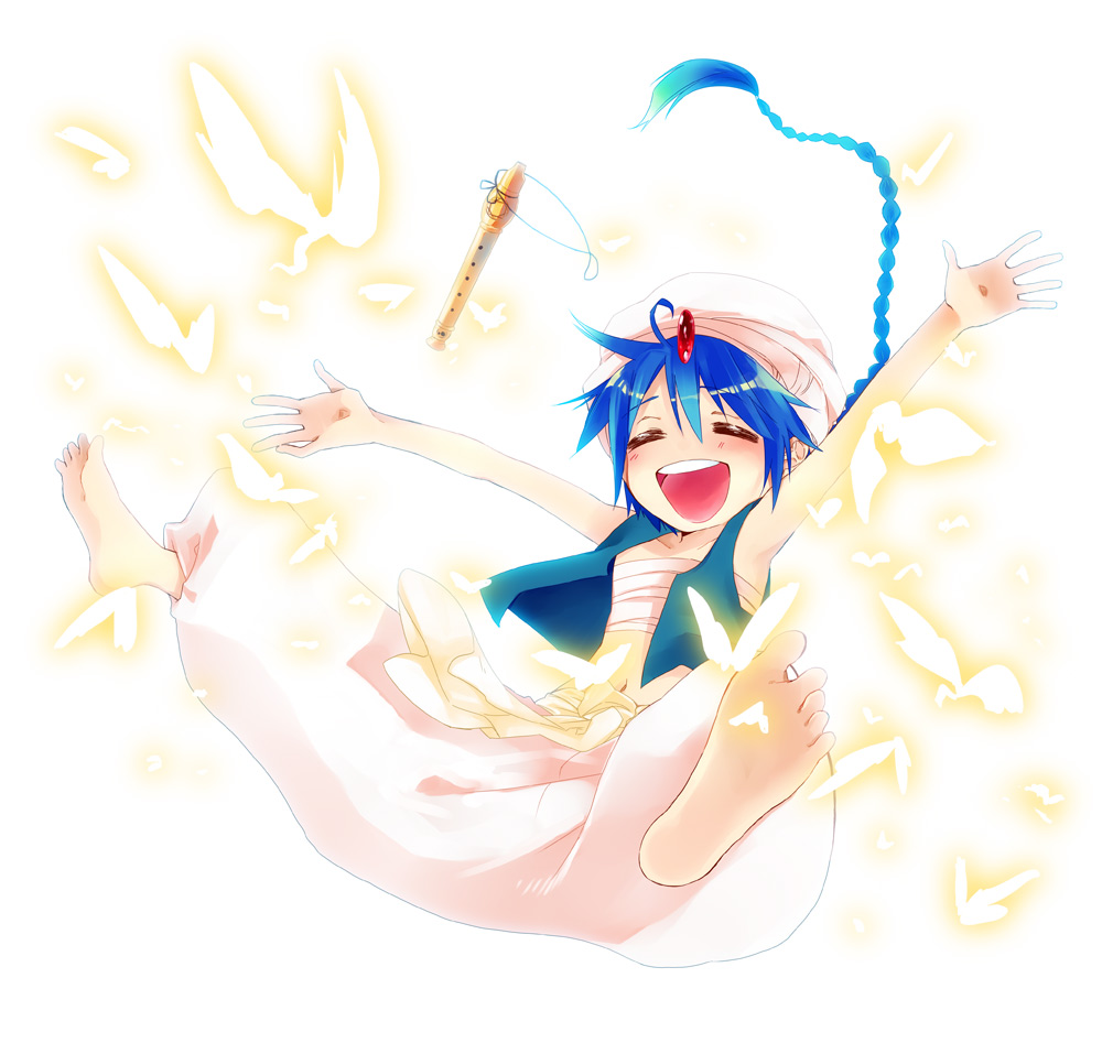 :d \o/ aladdin_(magi) arabian_clothes arms_up baggy_pants bandaged_chest barefoot blue_hair braid bug butterfly dameaki falling floating floating_hair flute instrument magi_the_labyrinth_of_magic outstretched_arms pants rukh_(magi) simple_background single_braid smile turban white_background yellow_butterfly