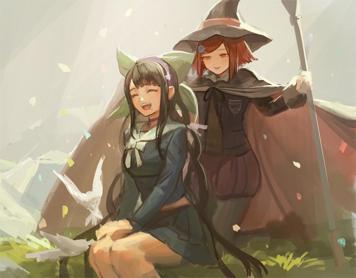 2girls ^_^ bird black_hat black_jacket black_ribbon blazer blue_serafuku blue_shirt blue_skirt blue_sleeves blunt_bangs boots bow bowtie brown_footwear cape chabashira_tenko choker closed_eyes collar collared_shirt confetti cowboy_shot danganronpa_(series) danganronpa_v3:_killing_harmony dove flower full_body grass green_bow green_shirt grey_cape grey_pantyhose hair_bow hair_flower hair_ornament hairband half-closed_eyes hands_on_lap hat holding holding_staff jacket kneeling knees korogashimushi long_hair looking_at_another low_twintails midriff miniskirt mole mole_under_mouth multiple_girls neck_ribbon open_clothes open_jacket open_mouth outdoors outstretched_arm pantyhose pleated_skirt pocket purple_choker purple_hairband red_cape red_eyes red_skirt redhead ribbon sailor_collar school_uniform serafuku shirt short_hair sitting skirt skirt_set smile staff sunlight teeth third-party_source twintails two-sided_cape two-sided_fabric upper_teeth_only very_long_hair white_bow white_bowtie white_collar white_flower white_sailor_collar witch_hat yumeno_himiko
