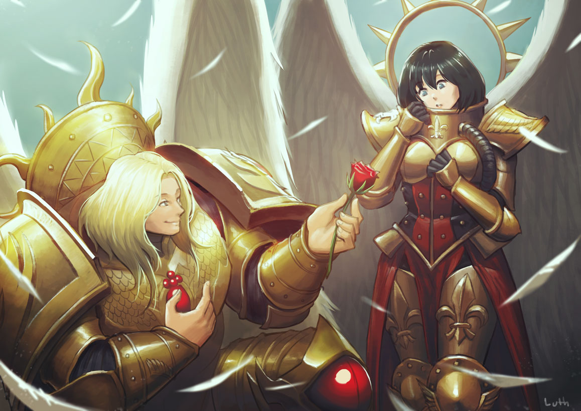 1boy 1girl angel angel_wings armor black_hair blade_encarmine blonde_hair blood_angels blue_eyes blue_sky boobplate commentary commission cowboy_shot english_commentary falling_feathers feathers flower full_armor gem giving_flower gold_armor halo halo_behind_head holding holding_flower holding_rose kneeling living_saint lutherniel mechanical_halo ornate_armor outdoors parted_lips power_armor primarch red_gemstone regalia_resplendent saint_celestine sanguinius single_rose sky smile warhammer_40k white_wings wings