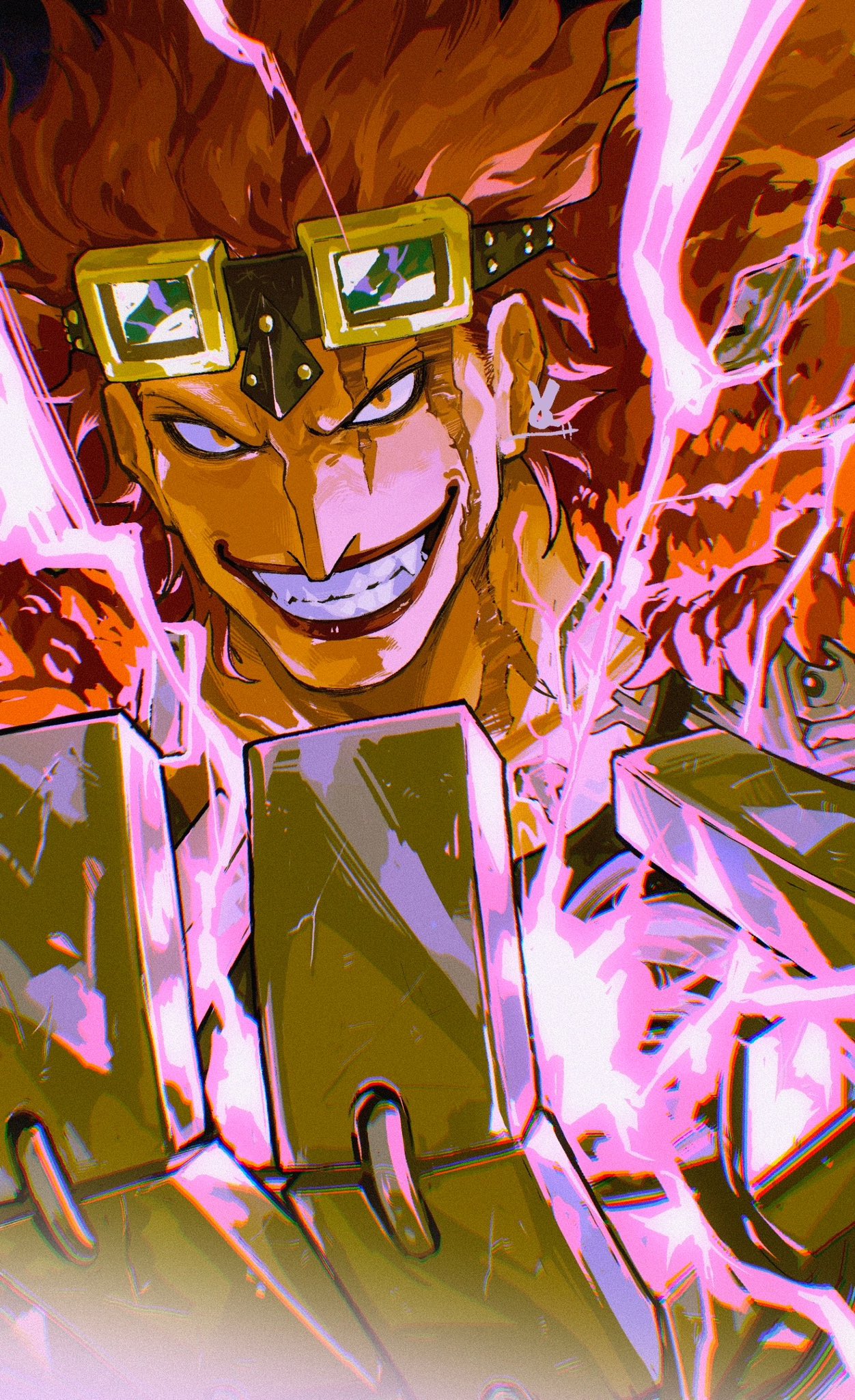 1boy clenched_teeth coat commentary_request eustass_kid fur_coat goggles goggles_on_head highres looking_at_viewer male_focus mechanical_arms one_piece orange_eyes redhead scar scar_across_eye scar_on_face short_hair single_mechanical_arm smile solo teeth vasan5555