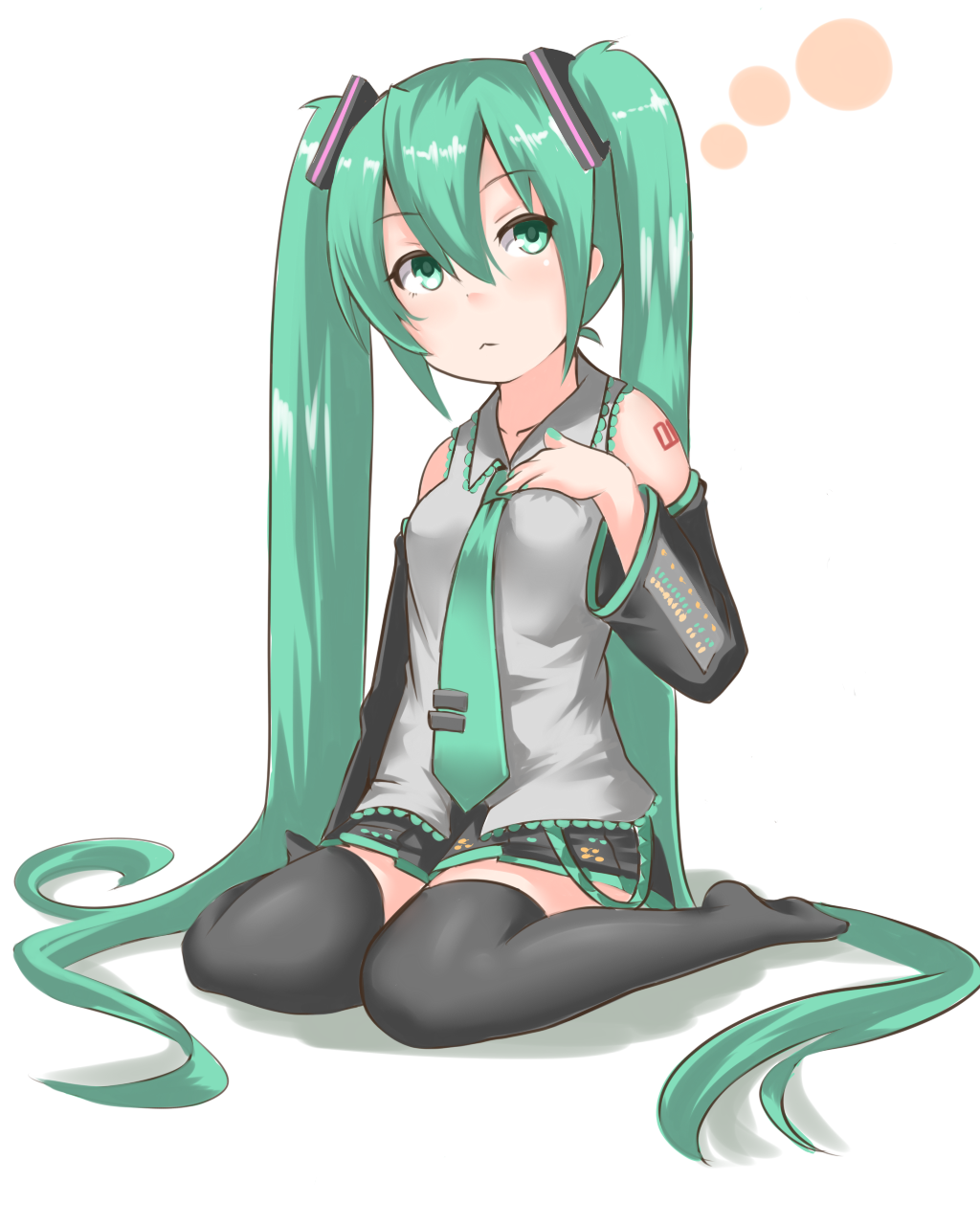 1girl :&lt; bad_hands black_skirt black_sleeves black_thighhighs blue_nails breasts closed_mouth collared_shirt commentary_request detached_sleeves full_body green_eyes green_hair green_necktie grey_shirt hair_between_eyes hand_up hatsune_miku highres kuro_kosyou long_hair long_sleeves nail_polish necktie no_shoes pleated_skirt shadow shirt simple_background sitting skirt sleeveless sleeveless_shirt small_breasts solo thigh-highs tie_clip twintails very_long_hair vocaloid wariza white_background wide_sleeves