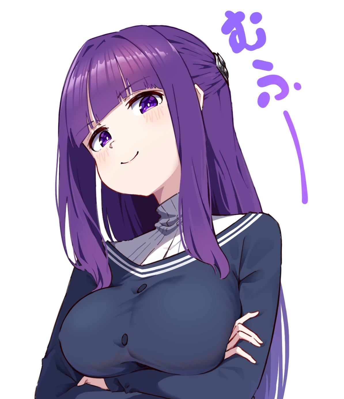 1girl arms_under_breasts black_dress blunt_bangs blush breasts bright_pupils closed_mouth commentary_request crossed_arms doyagao dress fern_(sousou_no_frieren) half_updo highres hyoe_(hachiechi) large_breasts long_hair looking_at_viewer purple_hair sidelocks simple_background smile smug solo sound_effects sousou_no_frieren straight_hair upper_body violet_eyes white_background white_pupils