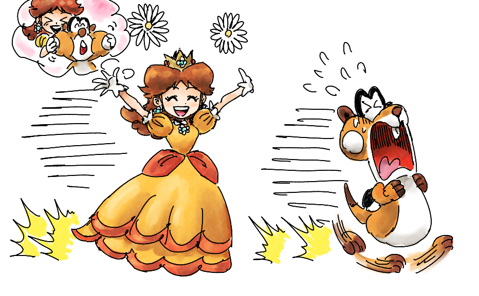&gt;_&lt; 1girl brown_hair crown daisy dress flower flying_sweatdrops full_body gloves kicdon medium_hair mini_crown open_mouth orange_dress outstretched_arms princess_daisy running simple_background skedaddler smile super_mario_bros. super_mario_bros._wonder teeth white_background white_gloves
