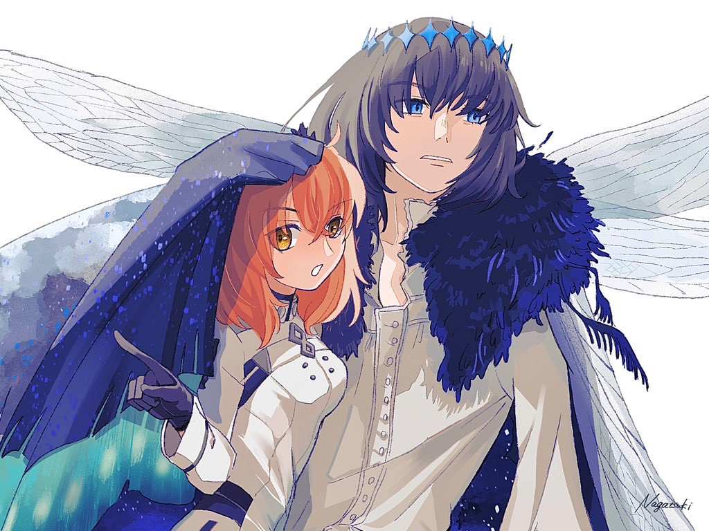1boy 1girl ahoge arthropod_boy black_gloves black_hair blue_eyes breasts bug butterfly_wings cape cloak collared_shirt crown diamond_hairband dragonfly_wings dress fate/grand_order fate_(series) fujimaru_ritsuka_(female) fujimaru_ritsuka_(female)_(decisive_battle_chaldea_uniform) fur-trimmed_cape fur-trimmed_cloak fur_trim gloves hair_between_eyes insect_wings jacket long_sleeves medium_hair megane_229 oberon_(fate) oberon_(third_ascension)_(fate) official_alternate_costume official_alternate_hair_color open_mouth orange_eyes orange_hair shirt short_hair simple_background upper_body white_dress white_shirt wing_cape wings