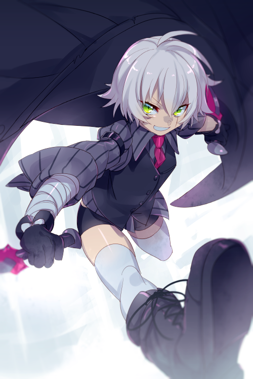1girl black_cloak black_gloves black_shorts black_vest boots breasts cloak collared_shirt echo_(circa) fate/grand_order fate_(series) gloves green_eyes grey_shirt grin hair_between_eyes jack_the_ripper_(fate/apocrypha) jack_the_ripper_(memory_of_qualia)_(fate) knife long_sleeves looking_at_viewer necktie scar scar_across_eye scar_on_cheek scar_on_face shirt short_hair shorts shoulder_tattoo small_breasts smile solo tattoo thigh-highs vest white_hair white_thighhighs
