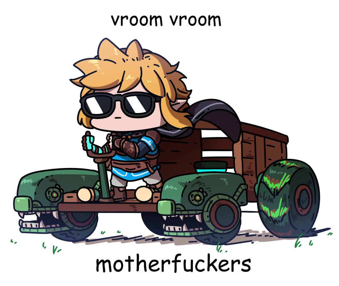 1boy blonde_hair blue_tunic comic_sans driving english_text headlight link male_focus miyan_(oceanmaiden) motor_vehicle pointy_ears profanity simple_background solo sunglasses the_legend_of_zelda the_legend_of_zelda:_tears_of_the_kingdom wheel white_background zonai_device