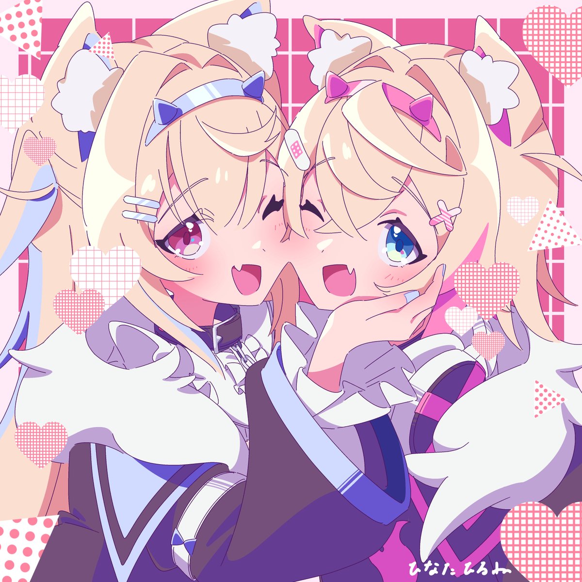 2girls animal_ear_fluff animal_ears black_coat black_jacket blonde_hair blue_eyes blue_hair coat commentary_request dog_ears dog_girl dress fake_horns fang fur_trim fuwawa_abyssgard fuwawa_abyssgard_(1st_costume) hair_ornament hairband hand_on_another's_face headphones headphones_around_neck heart highres hinata_hirune hololive hololive_english horns jacket long_hair looking_at_viewer mococo_abyssgard mococo_abyssgard_(1st_costume) multicolored_hair multiple_girls one_eye_closed open_mouth pink_eyes pink_hair pink_hairband short_hair skin_fang streaked_hair two-tone_hair upper_body white_dress x_hair_ornament