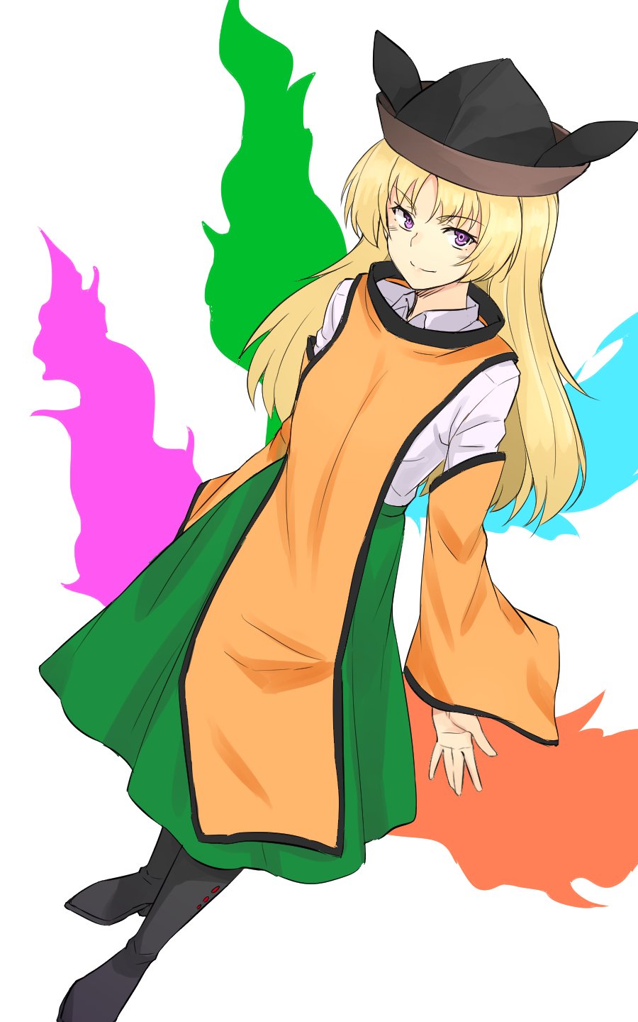 1girl black_footwear blonde_hair commentary full_body green_skirt hat highres kakone long_hair long_sleeves looking_at_viewer matara_okina one-hour_drawing_challenge simple_background skirt solo tabard touhou tricorne white_background