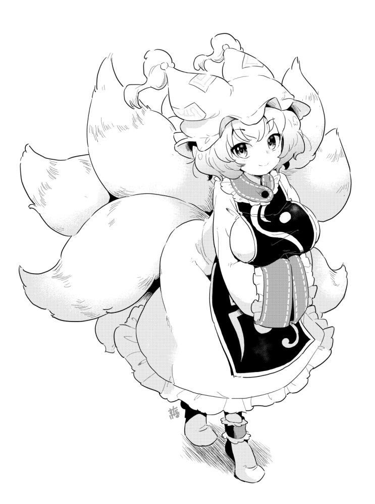 1girl breasts closed_mouth commentary_request dress fox_tail full_body greyscale hat large_breasts long_sleeves looking_at_viewer mob_cap monochrome multiple_tails short_hair simple_background solo tabard tail tanasuke touhou yakumo_ran