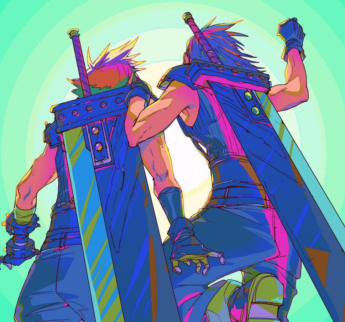2boys armor bandaged_arm bandages belt blonde_hair buster_sword clenched_hand cloud_strife facing_away final_fantasy final_fantasy_vii final_fantasy_vii_rebirth final_fantasy_vii_remake from_behind gloves green_background hair_slicked_back hand_on_another's_shoulder hand_up male_focus materia mizu_cx multiple_belts multiple_boys shoulder_armor sleeveless sleeveless_turtleneck spiky_hair suspenders toned toned_male turtleneck upper_body weapon weapon_on_back zack_fair