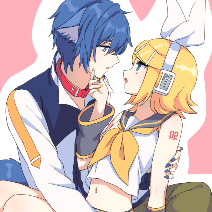 1boy 1girl akiyoshi_(tama-pete) animal_ears arm_tattoo blonde_hair blue_eyes blue_hair blue_nails bow_hairband collared_shirt crop_top detached_sleeves eye_contact fang grabbing_another's_chin hair_between_eyes hairband hand_on_another's_arm hand_on_another's_chin hug implied_hetero kagamine_rin kaito_(vocaloid) leaning_back leash looking_at_another medium_hair multiple_hairpins navel parted_lips ribbon sailor_collar shirt simple_background sitting sitting_on_lap sitting_on_person tattoo upper_body vocaloid white_ribbon yellow_nails yellow_ribbon