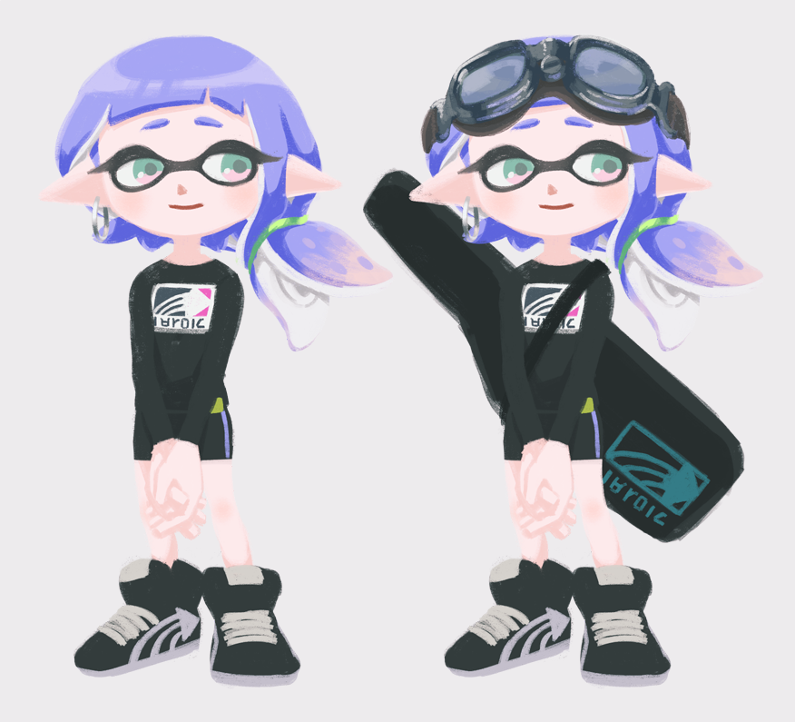 1girl bike_shorts full_body goggles goggles_on_head inkling inkling_girl inkling_player_character long_hair long_sleeves looking_at_viewer memi_(gamemix) open_mouth pointy_ears purple_hair shirt shorts simple_background smile solo splatoon_(series) standing white_background